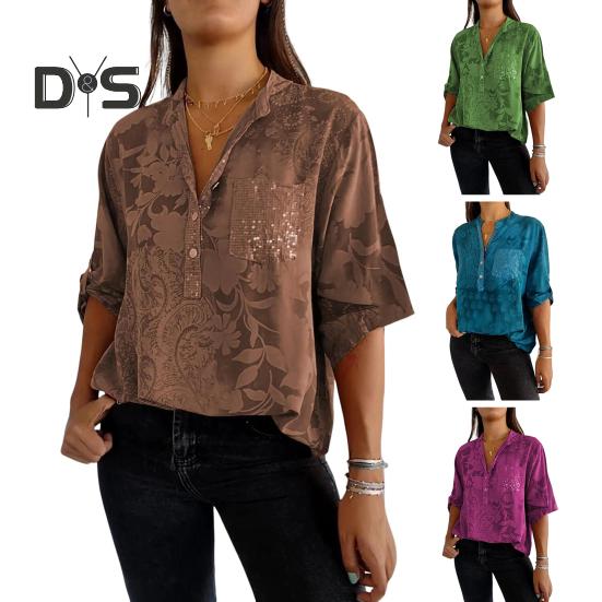 Женская летняя рубашка с v-образным вырезом и лацканами, пуловер с половиной рукавов, топы с принтом, пуговицы, половина планки, пайетки, накладной карман, свободная рубашка