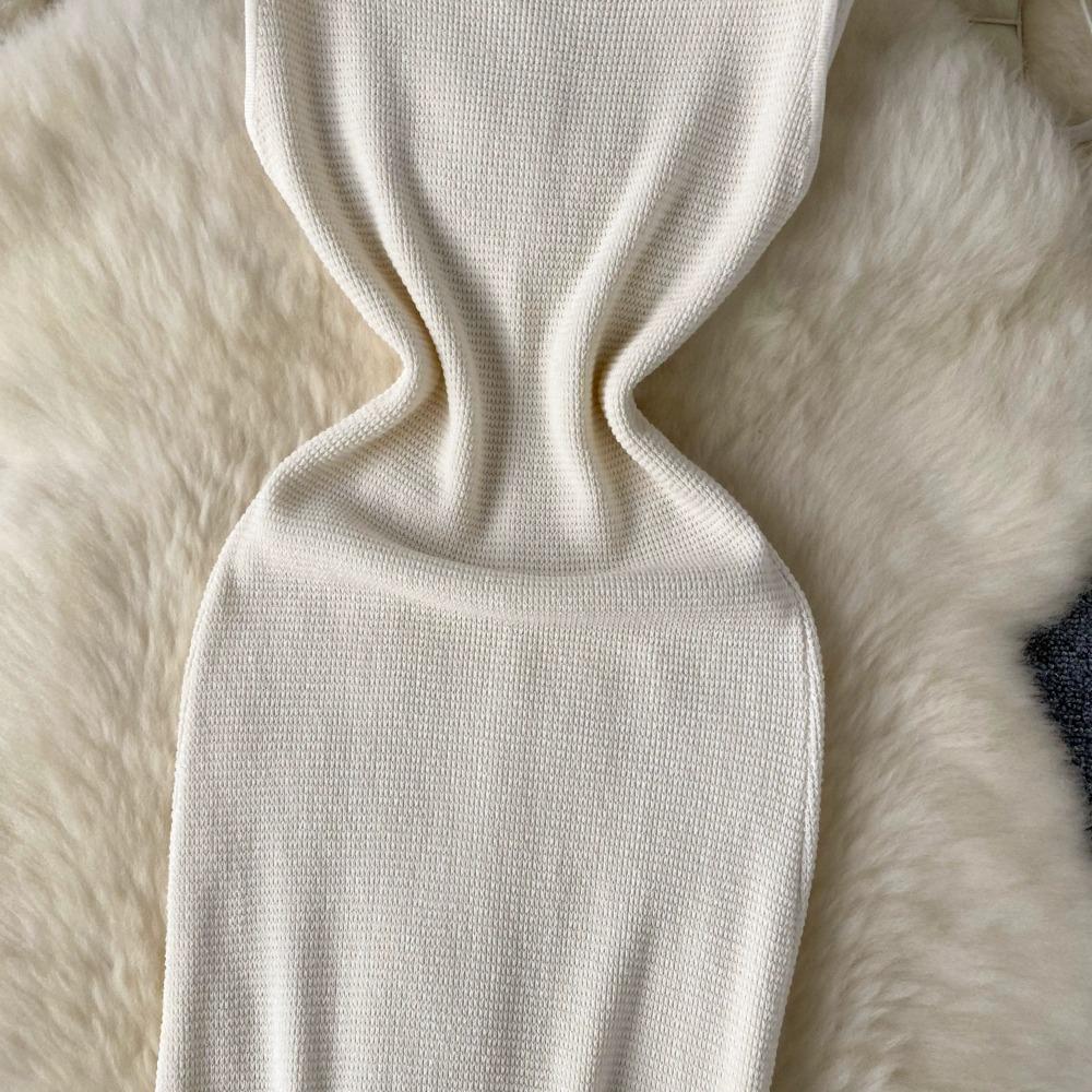 Foamlina Pure Color Knitting Dress для женщин Элегантный V-образный вырез без рукавов Летняя мода Тонкий вырез вечернее длинное платье