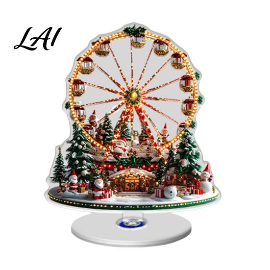 Festive Desktop Decor Acrylic Ferris Wheel Christmas Ornament 360° Rotating Snow House Tabletop Holiday Ornaments Decor Decoration for Offices Home