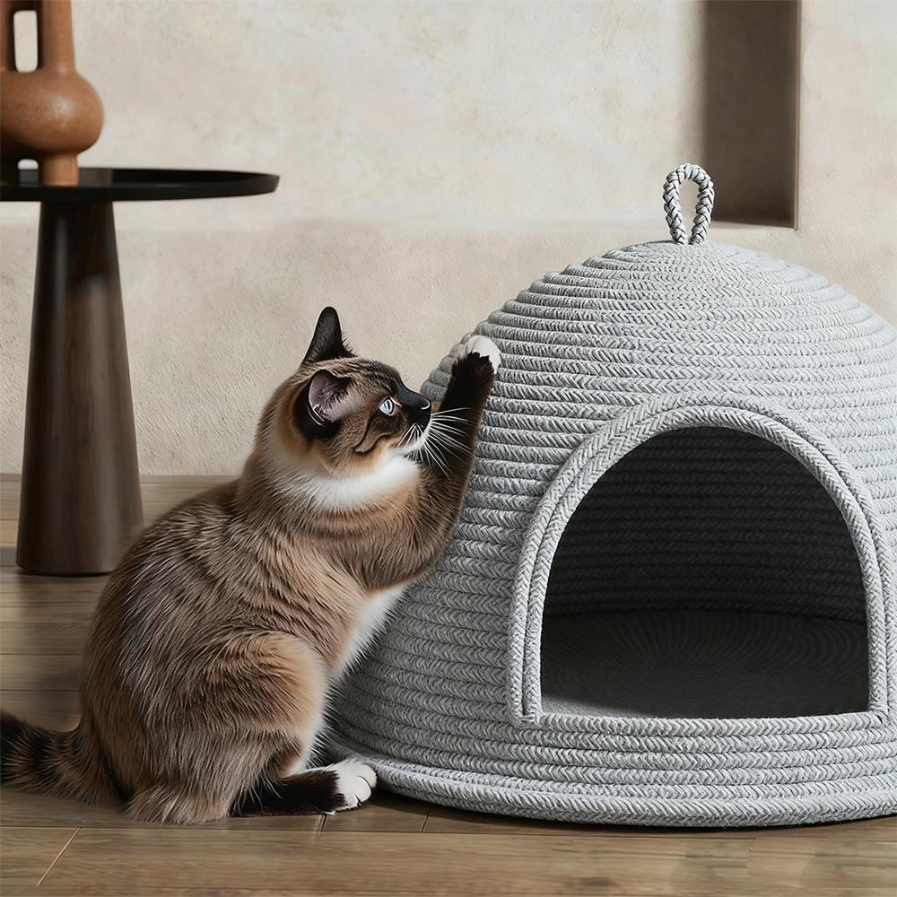 Cat Bed Scratcher Linen-cotton Weaving Kitten Cat Nests Pet Kittens Puppy Semi Enclosed Warm Safe Sleeping Bed with Handle