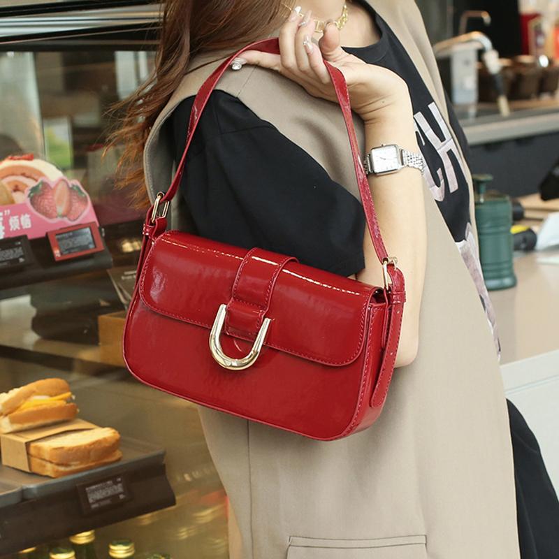 Женская сумка через плечо из лакированной кожи в стиле ретро, ​​роскошная сумка через плечо с клапаном, однотонная сумка подмышками, красная сумка через плечо, женская сумка