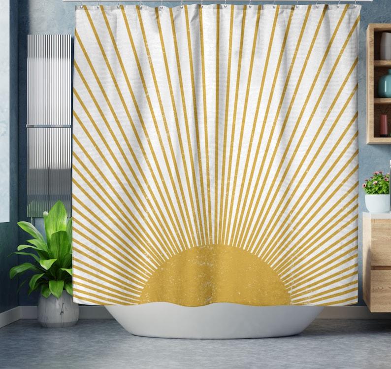 Душевая шторка в стиле Mid Century Modern Sun Boho, Ретро MCM Декор, Фанки Ванная комната, Горчично-желтый Винтажный Стиль, Потертый Солнечный Луч
