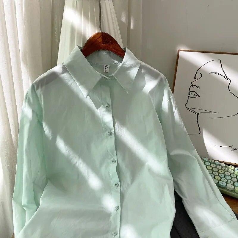 Autumn Korean Fashion Solid Simple Long Sleeve Shirt Women Cotton Blouse Turn Down Collar Tops Loose Clothes Blusas 29622