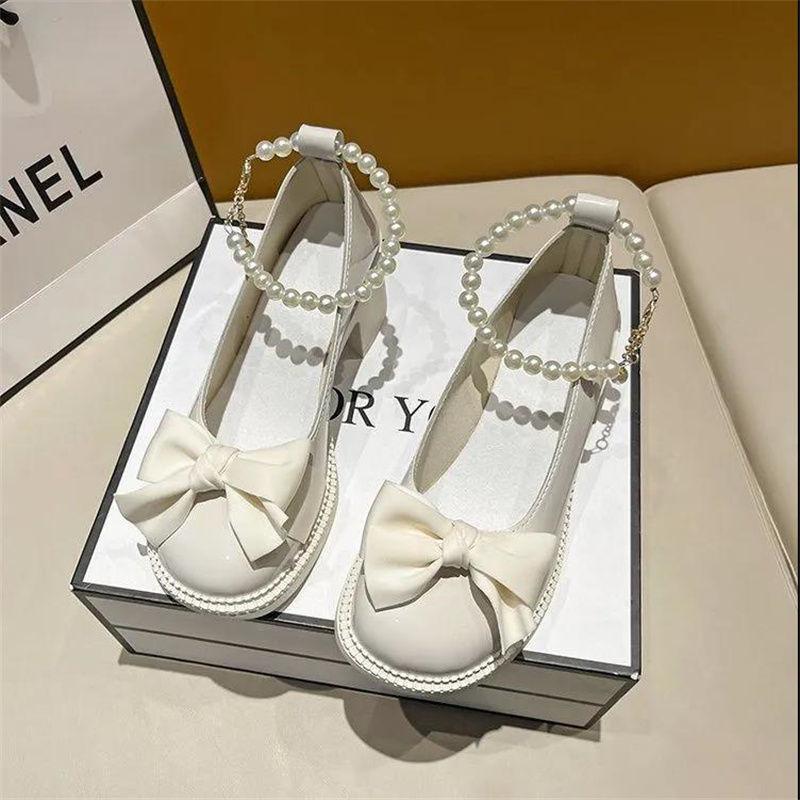2025 весна и лето новые туфли с бантом и цепочкой из жемчуга французские туфли Мэри Джейн из кожи женские с юбкой толстый каблук высокие каблуки женские