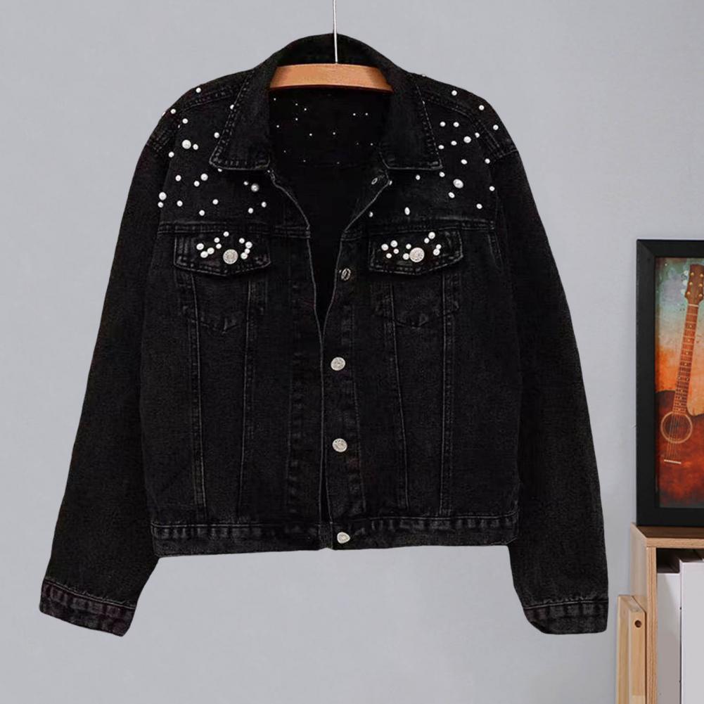 Female Jacket Stylish Winter Female's Denim Coat with Bead Decor Plus Size Long Sleeves Turn-down Collar Casual Streetwear Jac Practical Use