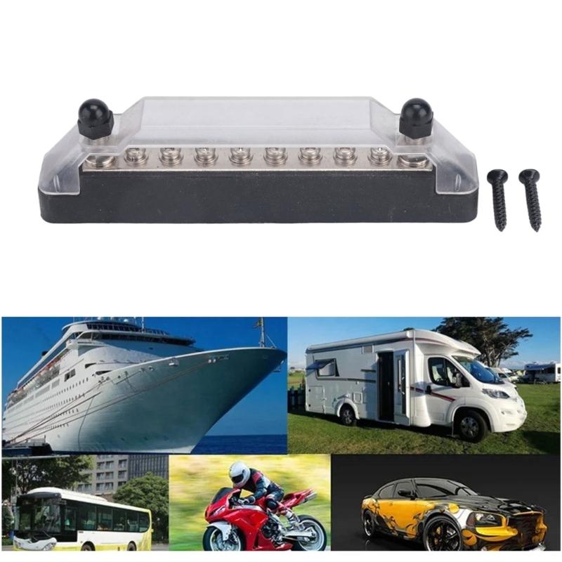 8-Way Battery Distribution Block with PC Base, Clear Cover, and Mounting Screws for Vehicle and Marine Power Wiring Layouts