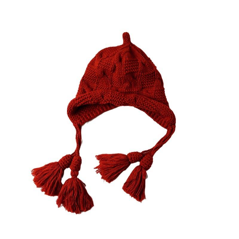 Autumn and winter new tassel pendant knitted hat red thin cute wool hat street warm windproof ear hat