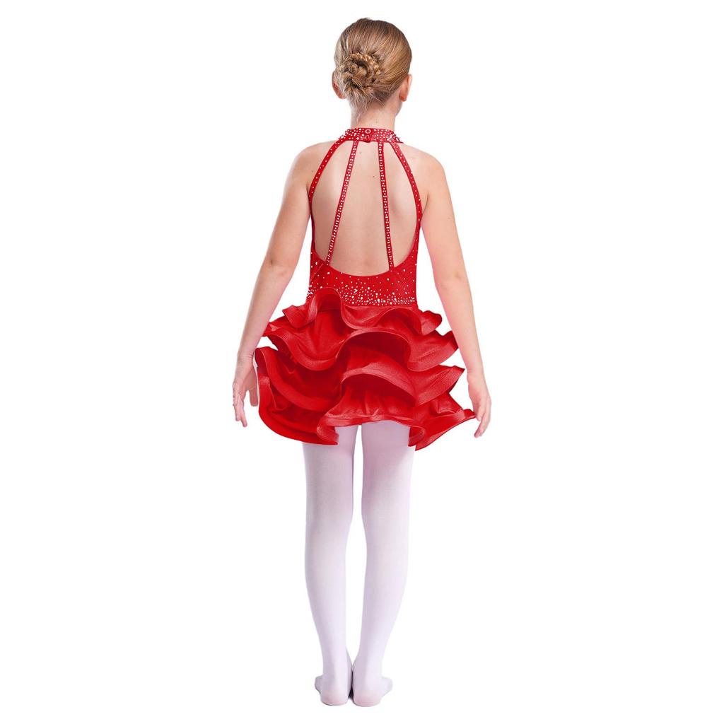 Платье для латиноамериканских танцев для девочек, без рукавов, с открытой спиной, с блестящими стразами, многоярусная юбка, костюм для выступления, рецитал