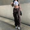 Ladies Cargo Pants Elastic Waist Hip Hop Solid Color Multi Pockets Soft Loose Straight Vintage High Waist Streetwear Drawstring Lady Long Trousers