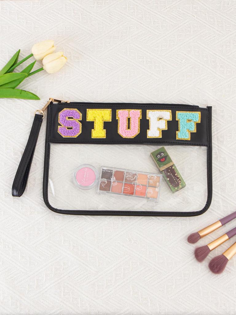 Transparent PVC Zipper Snack Bag with Embroidered Letters - Portable PU Waterproof Makeup and Toiletry Handbag