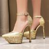 Fashion Brand Design Shiny Gold Women's Sandals 2025 New Sexy 15cm High Heels Waterproof Platform Banquet Party Woman's Shoes Size 32-43