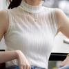 Модные белые кружевные повседневные трикотажные майки женские летние жилетки без рукавов с высоким воротом женские майки элегантные однотонные офисные женские жилеты 24739