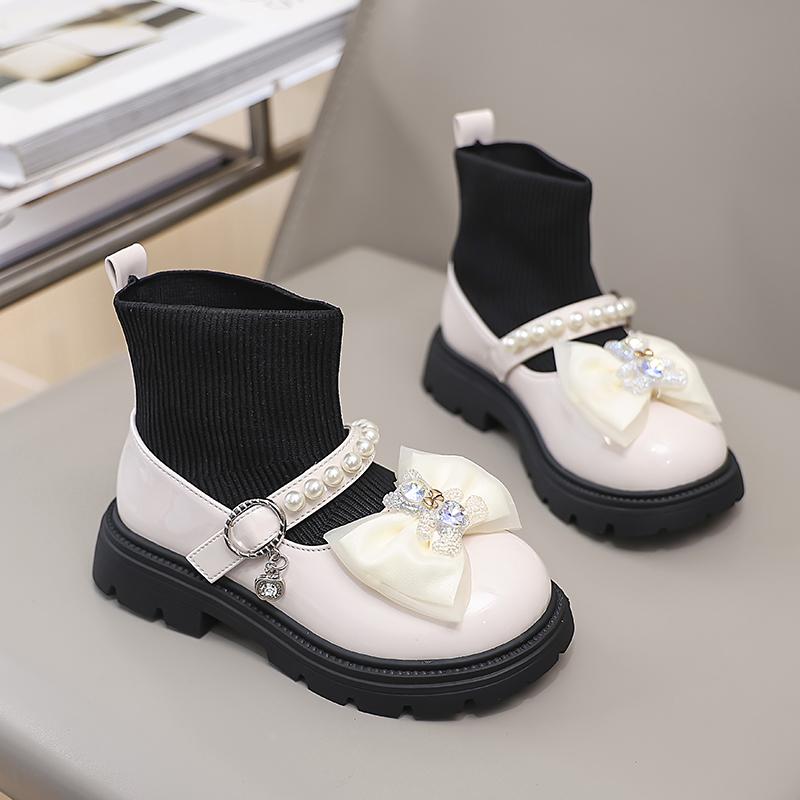 Детская обувь, ботинки для девочек, зимние ботильоны принцессы, универсальные, милые, с бантом, детские модные, повседневные, носки, ботинки с толстой подошвой