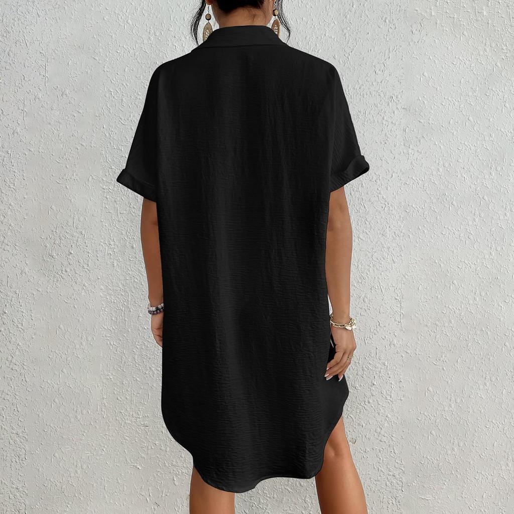 Женская Модная Цветная Воротник Пуговица Свободный Карман Короткий Рукав Длинная Рубашка Топ