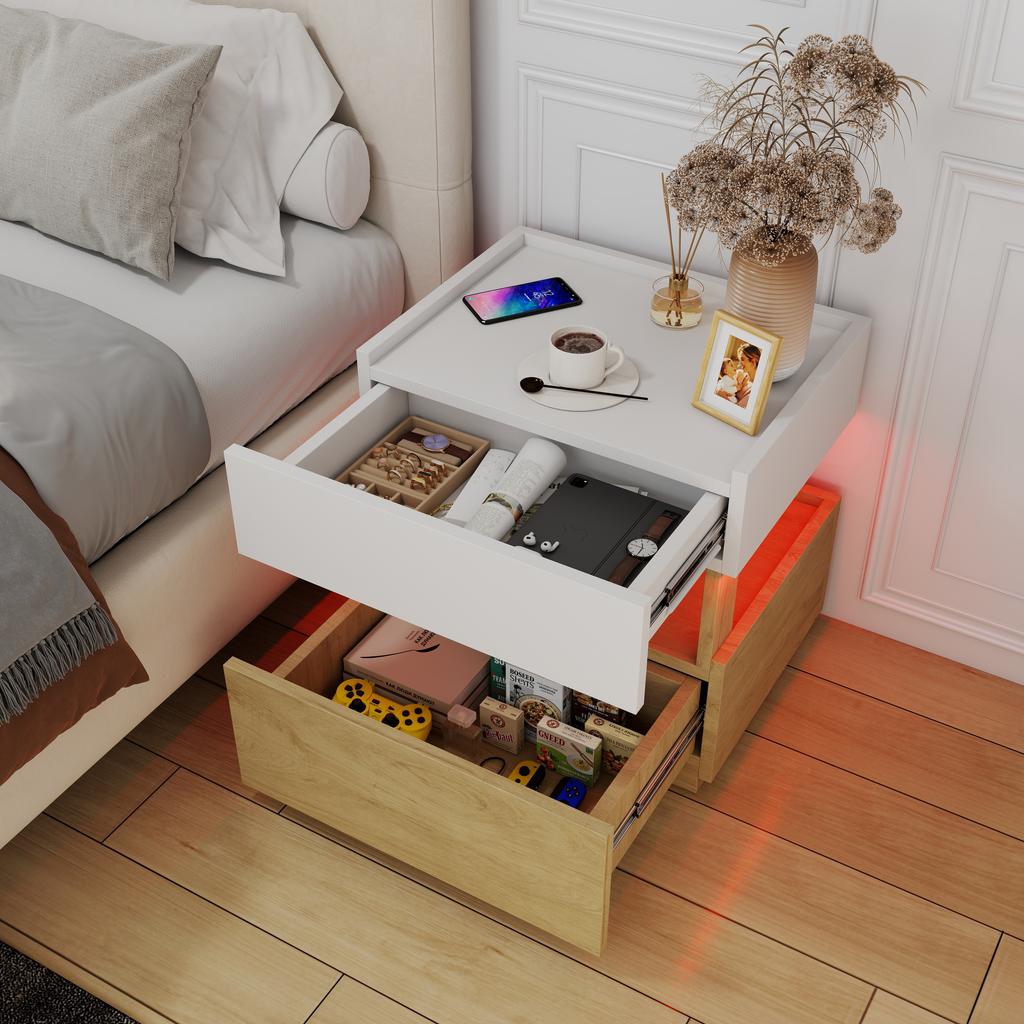 Modern Two-Tier Nightstand in Industrial Style, Bedroom Side Table with Two Drawers, Mood Lighting, Suitable for Living Room (White and Natural Wood)