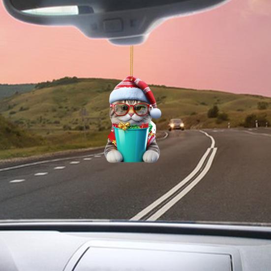 Украшение на рождественскую елку Рождественская фигурка кота с подвеской в шапке Санты 2D Плоское акриловое подвесное украшение для зеркала заднего вида автомобиля Дерево