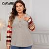 Plus Size Women's Fashion V-neck Striped Splicing Tops Fall and Winter Long-sleeved Blouse