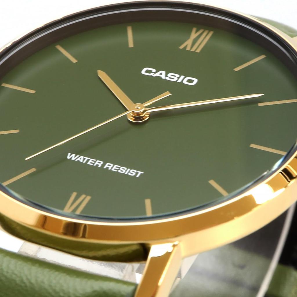 Casio Кварцевые часы MTP-VT01GL-3B Золотой x Зеленый кожаный ремешок