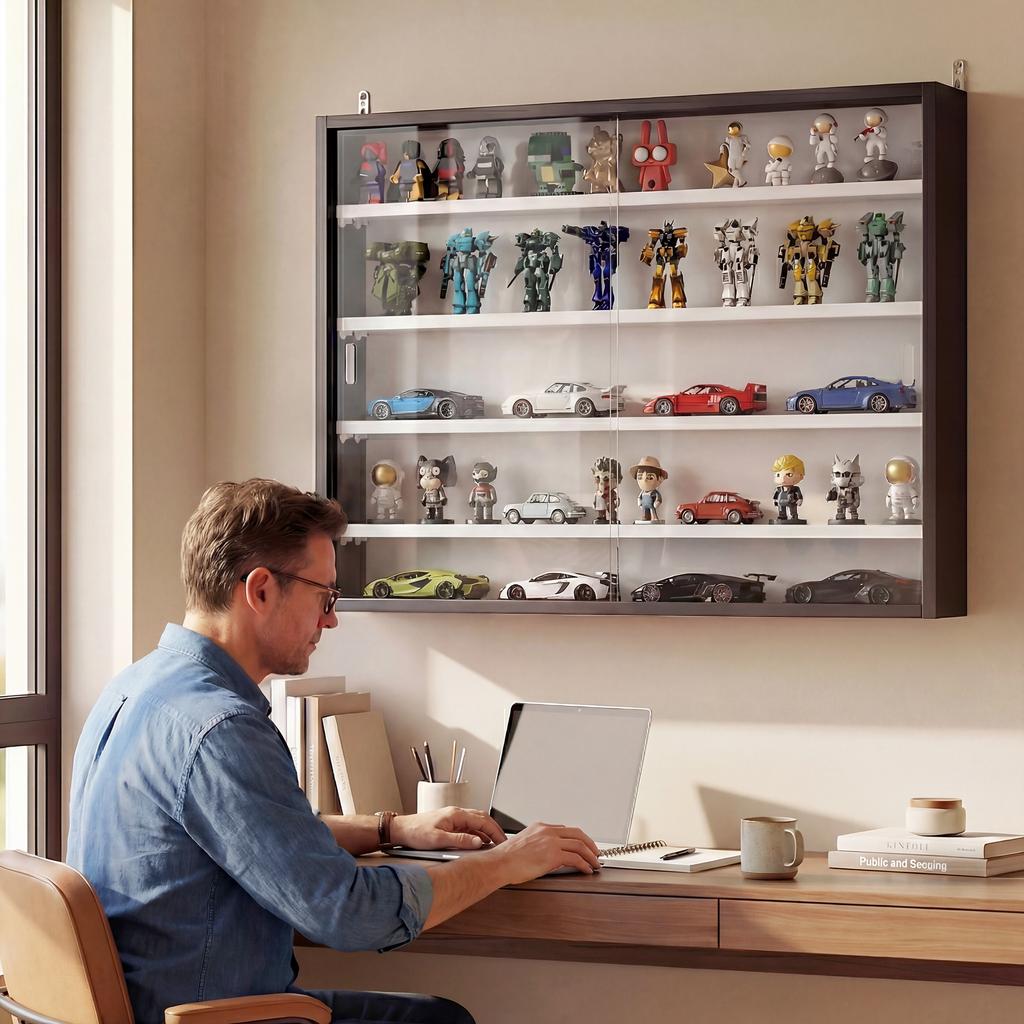 5-Tier Wall Display Shelf Unit Cabinet w/ 4 Adjustable Shelves Glass Doors Home Office Ornaments 60x80cm Black/White