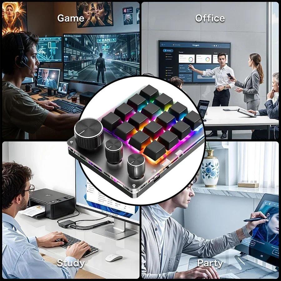 One-handed Mechanical Keyboard 16 Keys 3 Mode Macro Mechanical Keyboard Portable USB RGB Gaming Custom Programming Knob