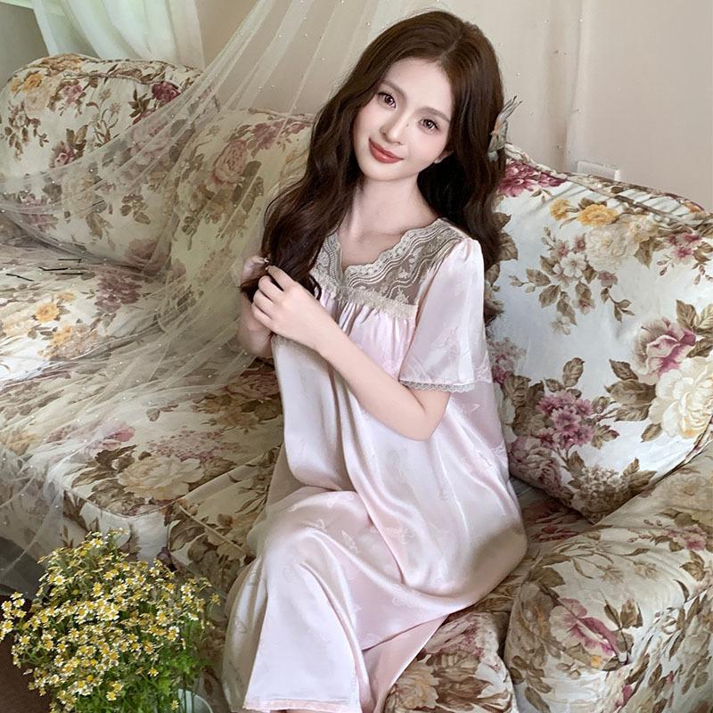 1011 summer new women's nightgown v-neck thin short-sleeved high-end sexy lace loungewear can be worn outside