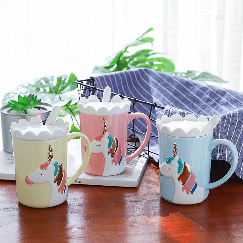 YOMDID Creative Unicorn Coffee Mug Practical Ceramic Cup Milk Coffee Tea Drinking Cups With Spoon And Crown Lid Drinkware 350ml