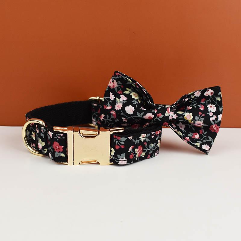 Black Floral Cotton Breathable Dog Harness And Leash Set Bowtie Pet Collar Leads Custom Name Pet Necklace