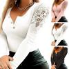 Women Top Slim Fit Button Closure Round Neck Hollow Out Lace Patchwork Long Sleeve Stretchy Solid Color Soft Pullover Lady T-shirt