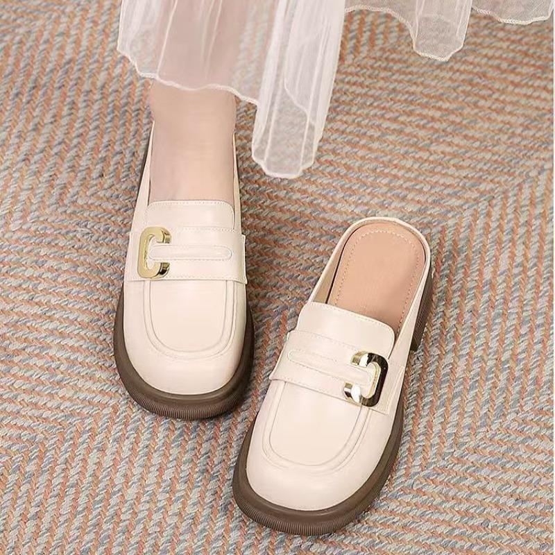 Spring and Autumn New Soft-soled British Small Leather Shoes Women's Versatile Casual Fashion One Pedal and Half Slippers