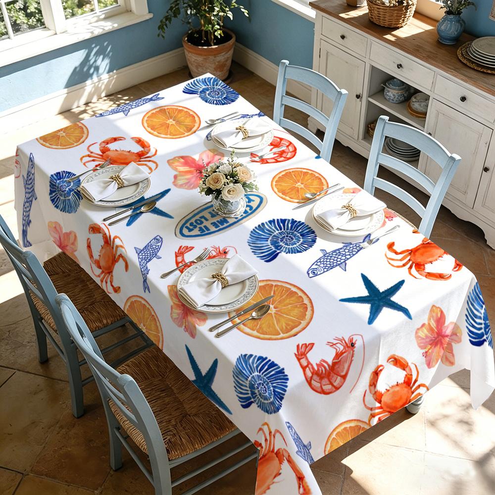 1pc, Marine Life Printed Tablecloth, Polyester Material, Pure White Base with Full Print of Various Marine Elements, Orange Citrus Slices, And English