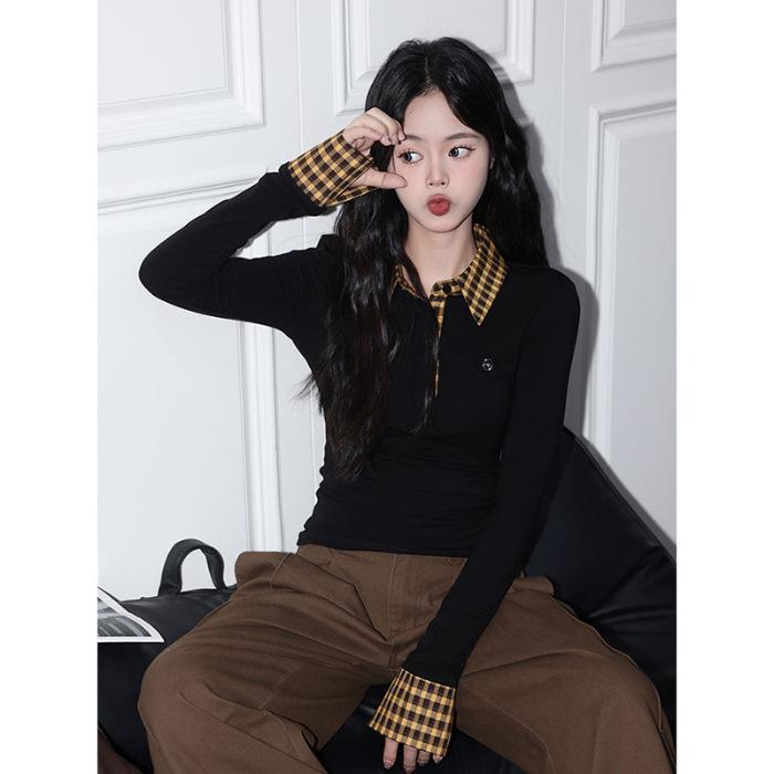 Женский осенний приталенный топ в клетку, имитация двойки, с длинным рукавом и воротником поло