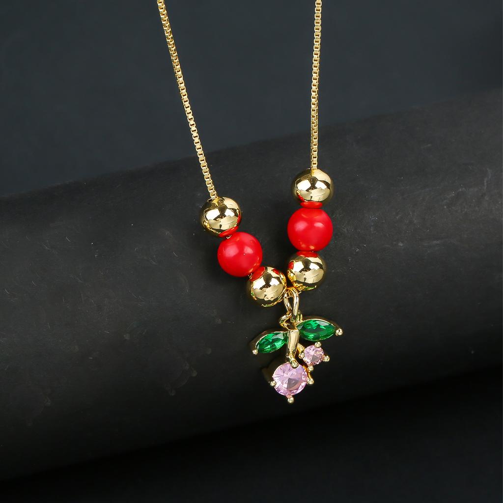 Hot Sale Crystal Red Cherry Pendant Necklace For Woman Gold Plated Fruit Collarbone Chain Fashion Daily Party Jewelry Gift