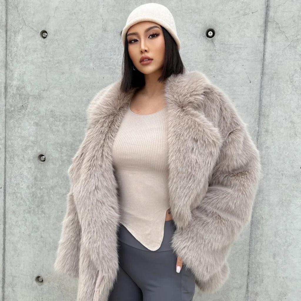 Fashionable Street Style Fox Fur Coat Loose Suit Collar Medium Long Imitation Fur Coat for Women Autumn-winter Fur Overcoat
