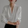 Elegant Professional Office Satin Shirt Lantern Sleeve V-neck Spring and Autumn Women's Navy Shirt Retro Autumn Casual Top