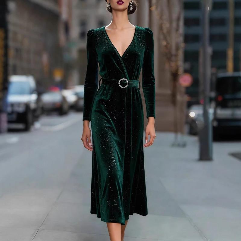 European and American new sexy fashion V-neck sequined velvet slim dress