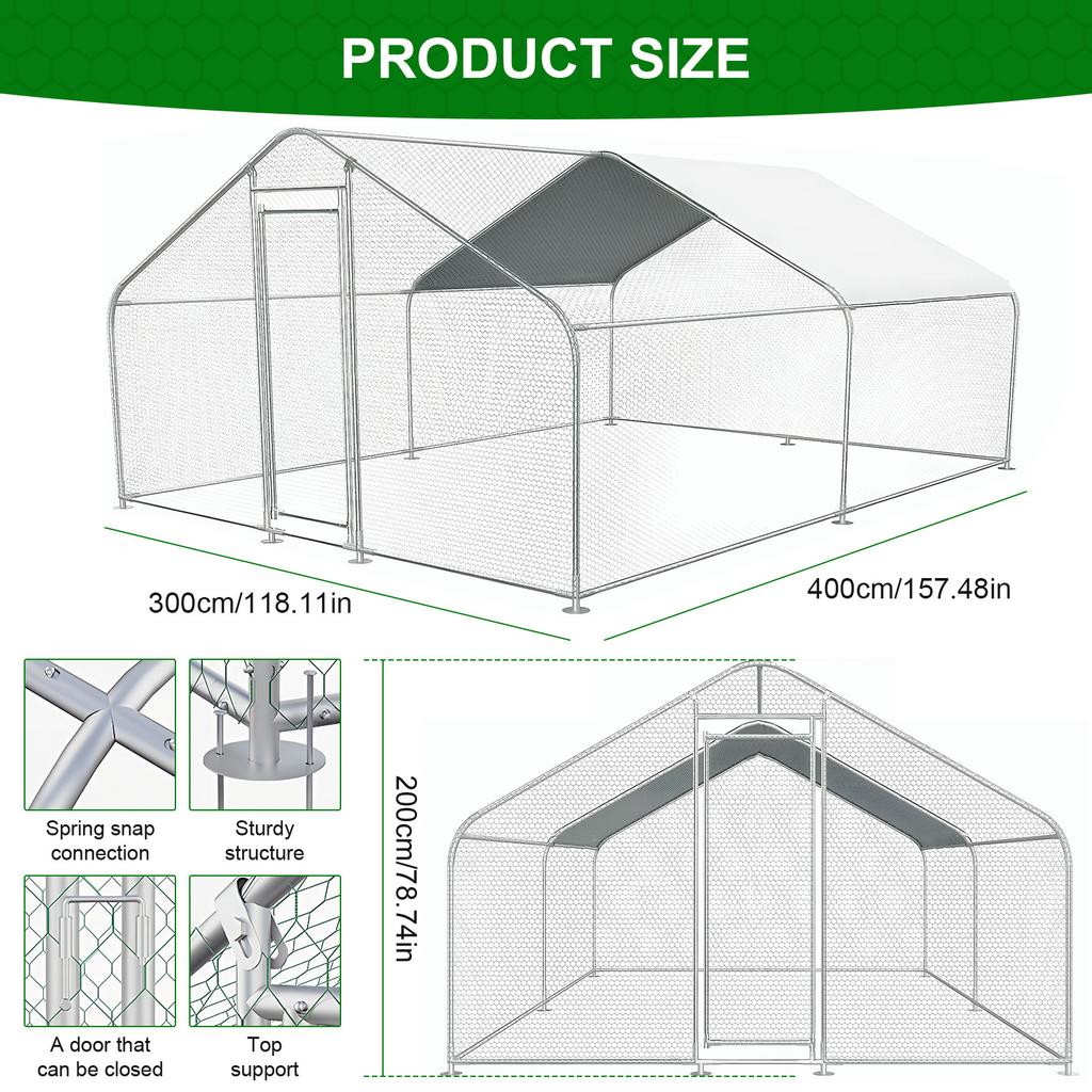 9.84x13.12x6.56FT Metal Chicken Run with Cover Walk In Fence Cage Spire Shaped for Outdoor and Yard Farm Use