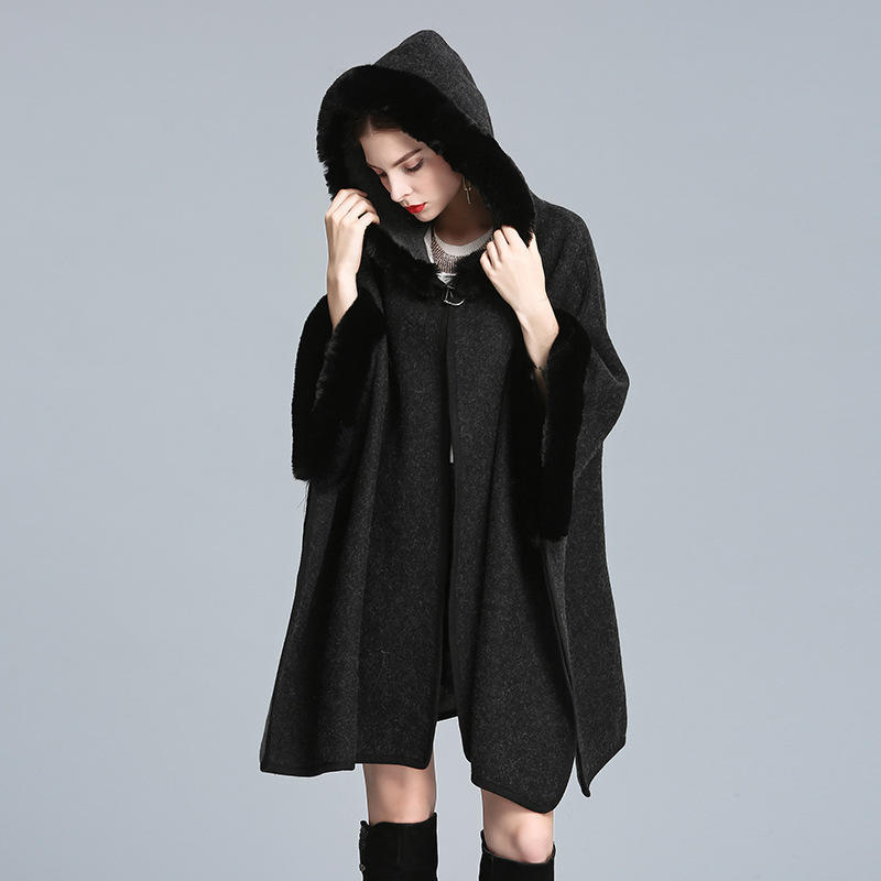 Autumn Winter Hooded Shawl Cape Imitation Wool Woolen Loose Ponchos Capes Cloak