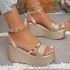 Fashion Pu Leather Weave Wedge Sandals for Women Fashion Gold Chunky Platform Sandals with Ankle Strap Summer Thick Bottom Beach Shoes