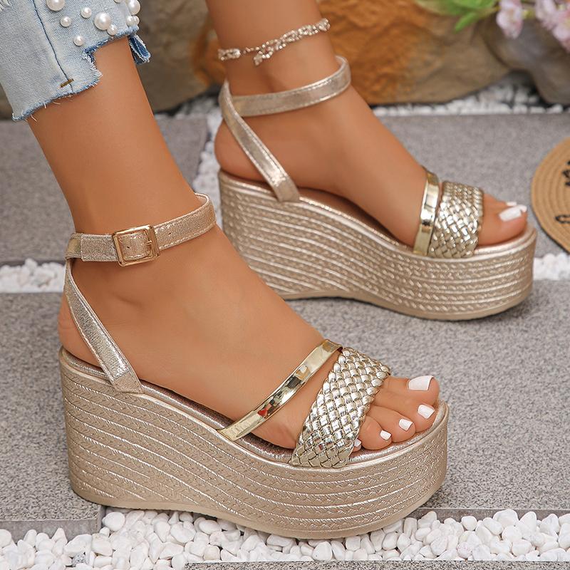 Fashion Pu Leather Weave Wedge Sandals for Women Fashion Gold Chunky Platform Sandals with Ankle Strap Summer Thick Bottom Beach Shoes