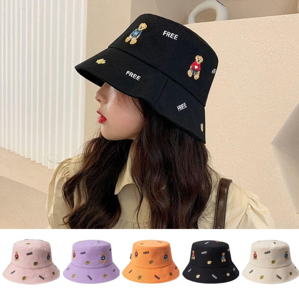 Bear Print Fisherman Hat Little Bear Flat Top Cap Cartoon Sun Caps Women
