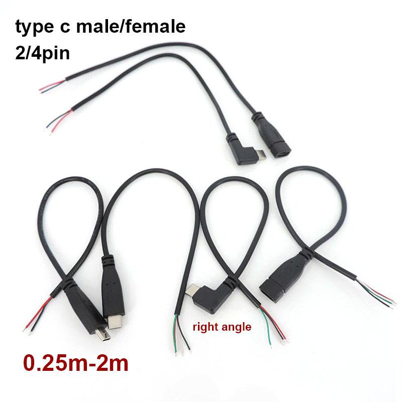 4 шт., 2/4-жильный контактный провод USB 2,0, тип C, мужской, женский, угловой, тип-c, кабельный разъем, прямоугольная вилка, данные для самостоятельного ремонта, зарядный шнур