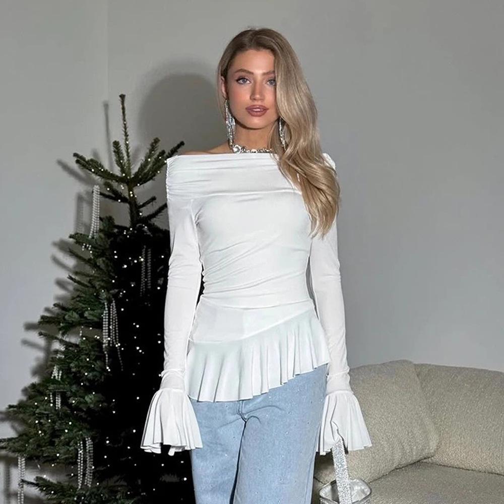 2025 Осень Футболка с открытыми плечами, оборками и длинными рукавами, приталенная