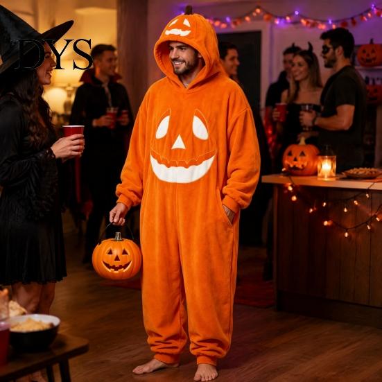 Мягкий флисовый домашний костюм-комбинезон Хэллоуинская тыква для взрослых, Плюшевая забавная осенняя одежда для отдыха с капюшоном, Свободный оверсайз наряд