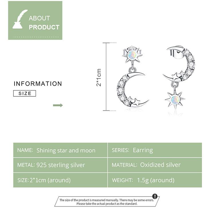 BAMOER стерлингового серебра 925 пробы с кубическим цирконием 1 пара асимметричных блестящих сережек-гвоздиков со звездами и луной для женщин элегантные изящные ювелирные изделия