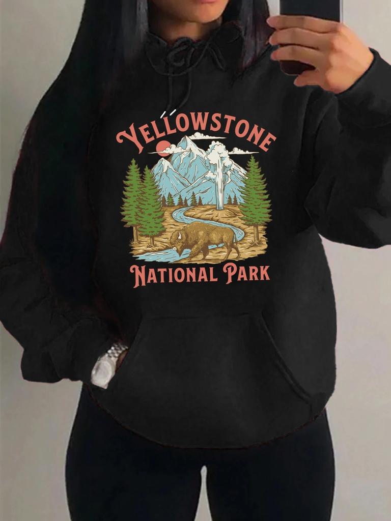 Park Pattern, Letter Print Women'S Hoodie Autumn Loose Casual Pocket Fleece Pullover