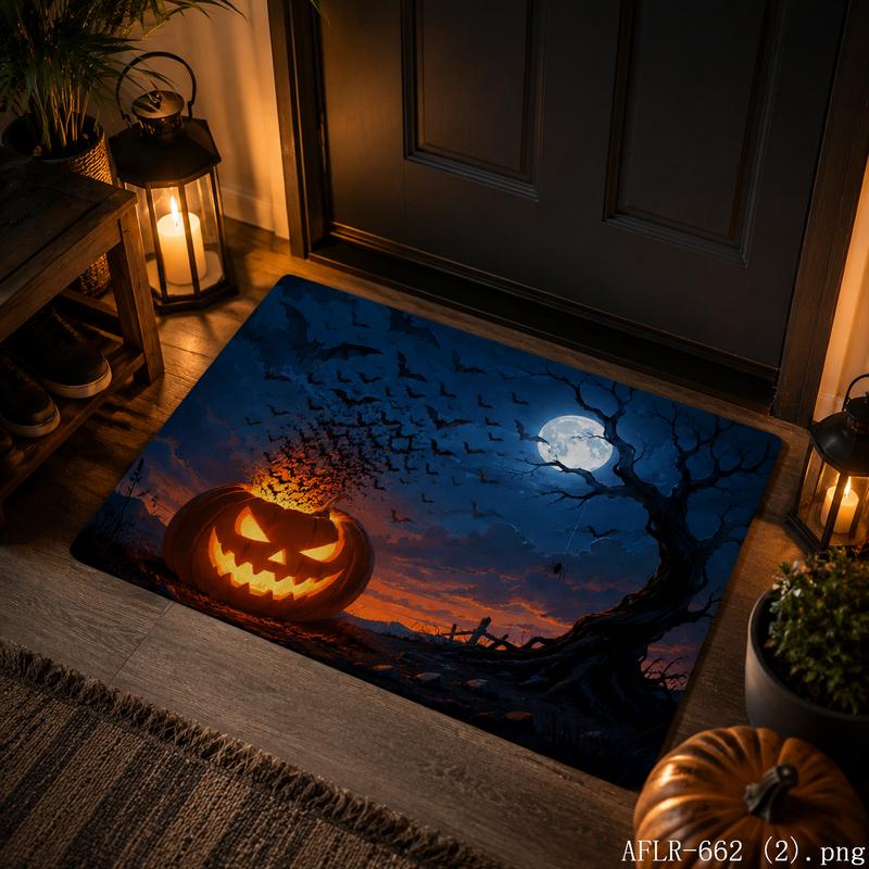 Halloween Pumpkin Rug, Soft Non-Slip Door Mat, Spooky Indoor Outdoor Carpet, Scary Bathroom Mat, Festive Home Decoration