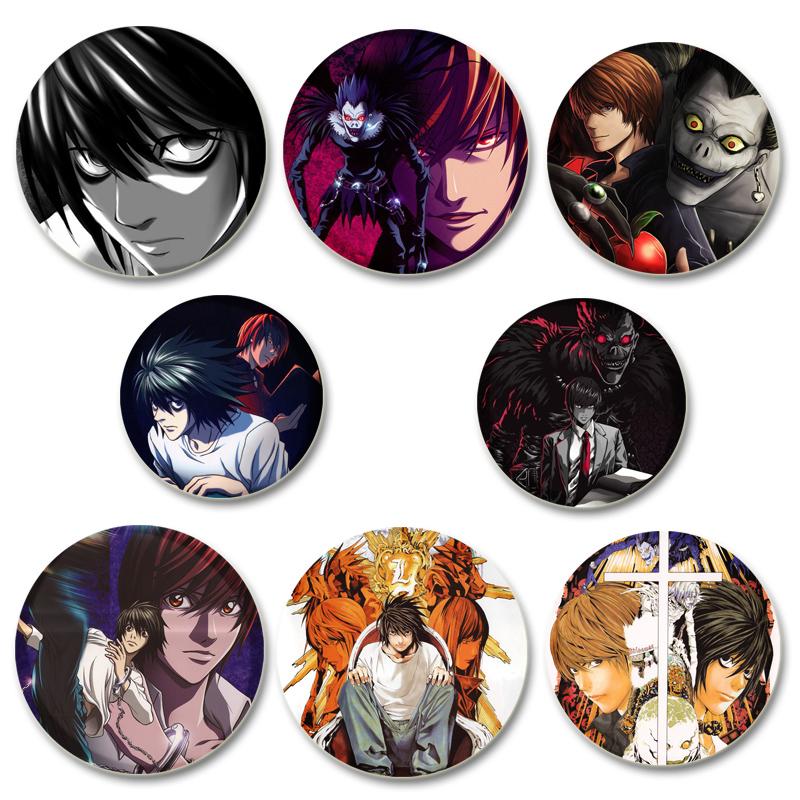32/44/58mm Fashion Accessories Broochs Anime Death Note Cosplay Badges Round Cartoon Figure L·Lawliet Killer Yagami Pins for Backpacks Gift