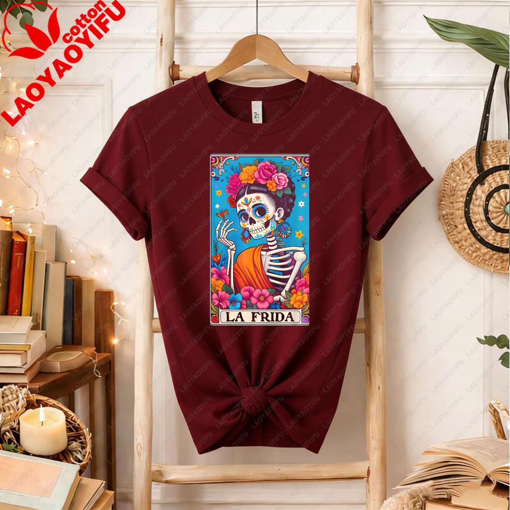 Muertos Day of The Dead Mexican Art Halloween Sugar Skull Tarot Card TShirt Frida Gift for Culture Casual Regular Short Sleeve