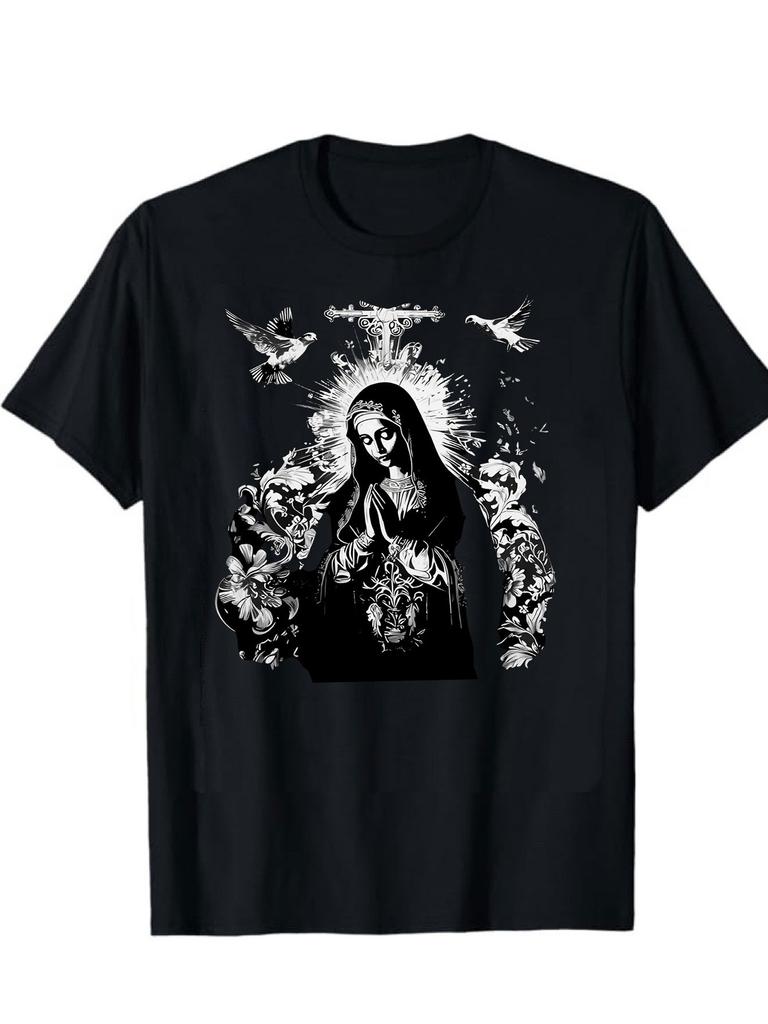 Sacred Inspiration Neutral Casual Printed Tshirt (Gothic Madonna And Flower Design) Black Summer Style Pattern Faith Tshirt