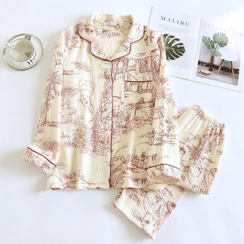 2025 Весна и Осень Женский Новый Пижамный Комплект 100% Хлопок Креп Длинные Рукава Брюки Милый Домашний Комплект Из Двух Частей Пижамы Дамы